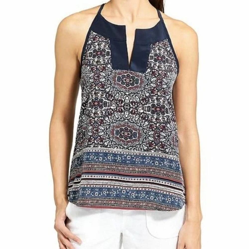 Athleta Medallion Dunes Tank‎ Top Women's L Tie Racer Back Boho Keyhole Tassels